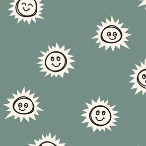 053 - Small Scale Good Morning Sunshine Happy Sleepy Faces Childrens Hand Drawn Whimsical Cute Nursery Baby - subtle muted sage green 