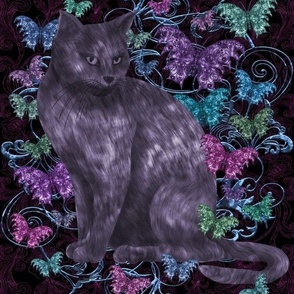 Metal Cat with Metal Butterflies and Scrollwork Background [large, spring colours]