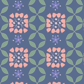 Garden party leafy floral geometric in peach, pink, green on navy blue