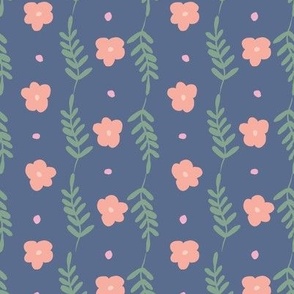 Garden party floral trailing leaves in peach, pink, green on navy