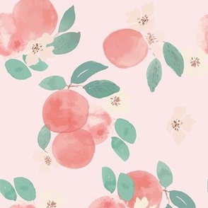 Watercolour orange blossom + fruit with pale pink background