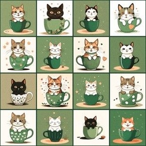 6'' Cat in a Teacup Illustration Pattern | Cat Art | Stylized Illustration | Green White Background