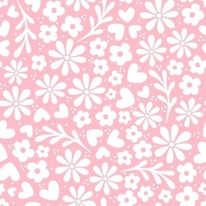 Smaller Scale Dainty Whimsy Garden Floral White on Baby Pink