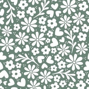Smaller Scale Dainty Whimsy Garden Floral on Pine Green