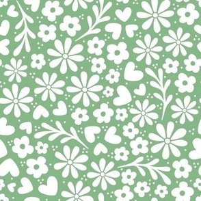 Smaller Scale Dainty Whimsy Garden Floral White on Fresh Green