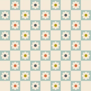 Retro Checkerboard Groovy Floral Pattern