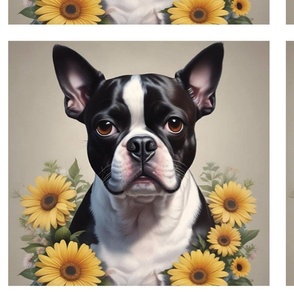 Boston Terrier Dog and Sunflowers 16x15 Quilt panel blanket