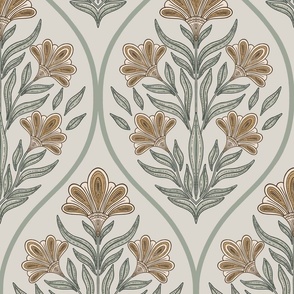 (L) Art deco glamour- cream and green floral damask- vintage- cream background large scale