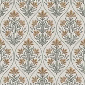 (M) Art deco glamour- cream and green floral damask- vintage- cream background medium scale