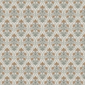 (S) Art deco glamour- cream and green floral damask- vintage- cream background small scale