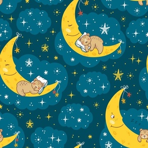 Cute Teddy Bear Sleeping on Moon 1 / Dark blue