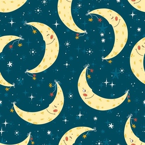Night Sky with Cute Smiling Moon with Stars / Dark blue