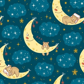 Cute Teddy Bear Sleeping on Moon 2 / Dark blue