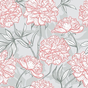 Peony Flowers / Pink Gray White