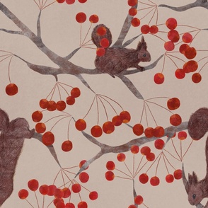 Squirrels and Red berry Large-Beige