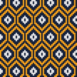 Bold Retro Pixel Art Geometric Pattern in Orange, Navy, and White