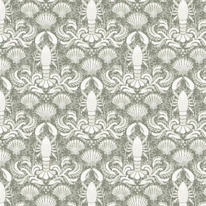 Lobster damask cream on warm green gray - small scale