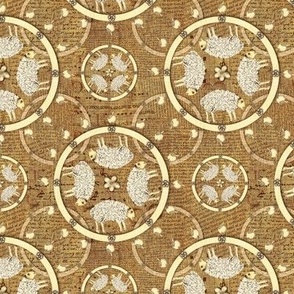 Small” repeat hand drawn vintage heritage sheep and apples set within  circles with with faux woven burlap texture on honey and cream