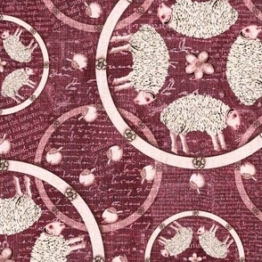 Medium 12” repeat hand drawn vintage heritage sheep and apples set within  circles with with faux woven burlap texture on fandango pink hues