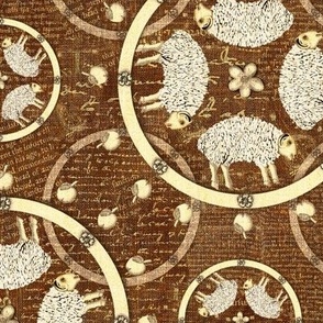 Medium 12” repeat hand drawn vintage heritage sheep and apples set within  circles with with faux woven burlap texture on dark brown and cream