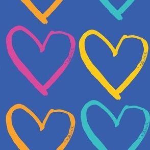 ( M) colourful love hearts  on solid blue 