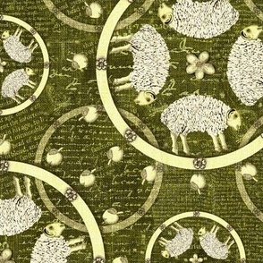 Medium 12” repeat hand drawn vintage heritage sheep and apples set within  circles with with faux woven burlap texture on dark green