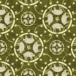 Small 6” repeat hand drawn vintage heritage sheep and apples set within  circles with with faux woven burlap texture on dark green