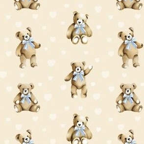 Teddy Bears Blue Bows on Beige Cream for Baby Boy  Small Scale