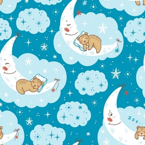 Cute Teddy Bear Sleeping on Moon 1 / Blue