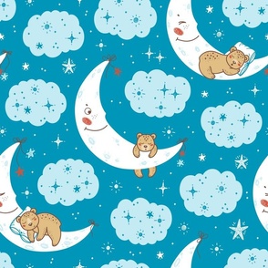 Cute Teddy Bear Sleeping on Moon 2 / Blue