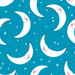 Night Sky with Cute Smiling Moon with Stars / Blue