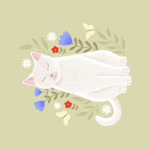 White Cat Floral Tea Towel