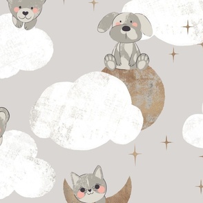 BABY & KIDS CUTE NURSERY  TEDDY BEARS, RABBITS, DOG, OWL, MOUSE, & CAT WITH MOONS, CLOUDS AND STARS LIGHT GRAY