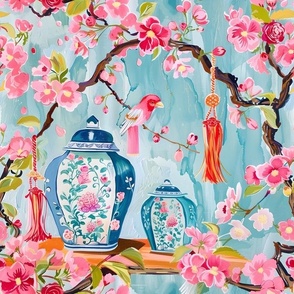 Ginger jars, cherry blossom and silk tassels on soft blue