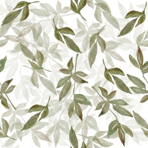 Large Tossed Green Leaves / Watercolor White 
