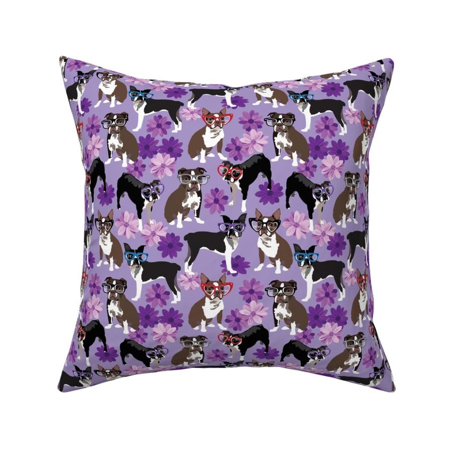 small scale // Eye Glasses Boston Terrier Dogs and purple flowers 