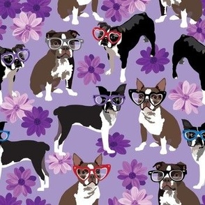 small scale // Eye Glasses Boston Terrier Dogs and purple flowers 