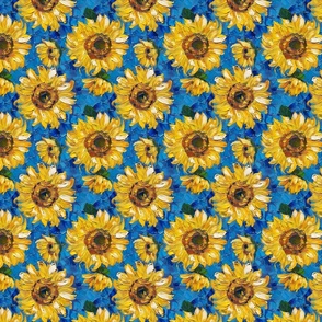 Small Oil Painted Sunflowers On Blue Background Fabric
