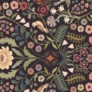 Lively Garden - traditional floral with folk art birds - warm greens, pinks, red, burgundy - extra large - ROTATED