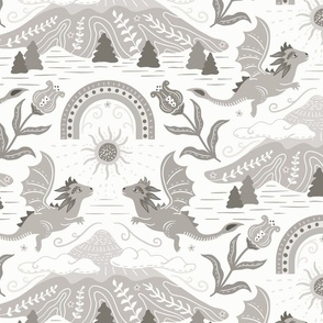 Cute Boho Dragons with mountain, clouds and rainbow - soft warm grey and white - kids, nursery - large