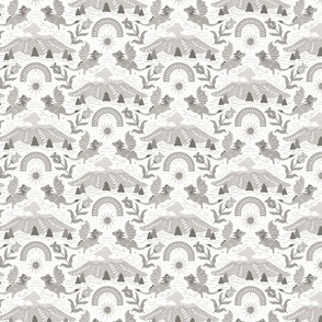 Cute Boho Dragons with mountain, clouds and rainbow - soft warm grey and white - kids, nursery - small