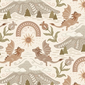 Cute Boho Dragons with mountain, clouds and rainbow - earthy, muted orange, browns, greens, cream -  kids, nursery - large
