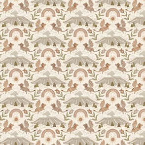 Cute Boho Dragons with mountain, clouds and rainbow - earthy, muted orange, browns, greens, cream -  kids, nursery - small