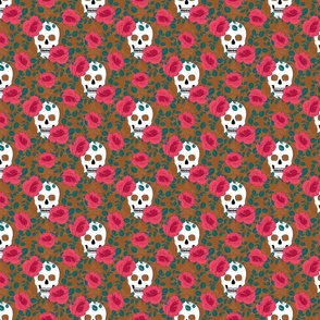 Gothic Roses and Skulls Halloween Pattern (brown) - medium 