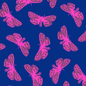 Scattered Butterflies_hot pink and gray on royal blue
