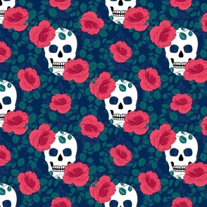 Gothic Roses and Skulls Halloween Pattern (blue) - large