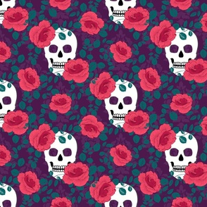Gothic Roses and Skulls Halloween Pattern (violet) - large