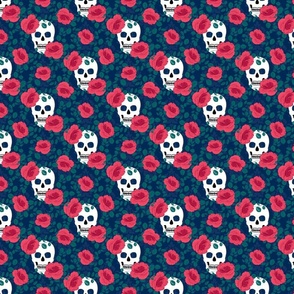 Gothic Roses and Skulls Halloween Pattern (blue) - medium 