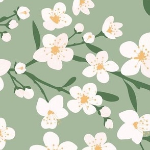 Romantic cherry blossom - springtime in Japan flowers and branches white orange on olive green LARGE