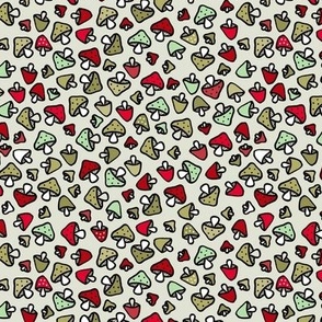 Tossed ditsy mushroom garden - retro style groovy autumn toadstool freehand design for kids red olive green mint 